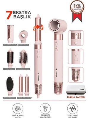 Esdiva Butik Pembe 7'li Çok Fonksiyonlu Hava Üflemeli Saç Şekillendirici Fön Akıllı Isı Kontrolü ile