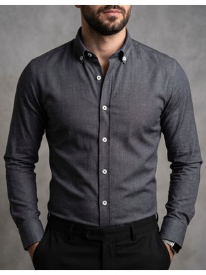 Torivalli Collection Dar Kesim Slim Fit Yaka Düğmeli Cepsiz Mevsimlik Uzun Kollu Gabardin Kumaş Erkek Gömlek
