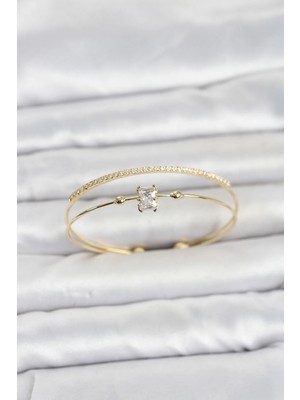 Pileli Store  Pirinç Gold Renk Zirkon Taşlı Baget Model Kadın Bileklik TG27BB8519
