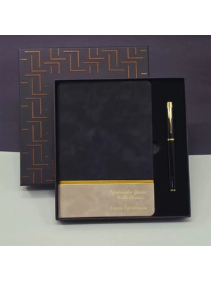MiraLive Öğretmenler Günü Özel Siyah Deri Defter ve Metal Roller Kalem Hediye Seti