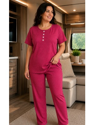 Balis Pijama Kadın Battal Büyük Boy Normal Beden Bambu Pijama Takımı Çiçekli ve Benek Desenli Düğmeli Kısa Kollu Yuvarlak Yaka Rahat Kalıp Iç Göstermez Terletmez Ev Giyimi Homewear