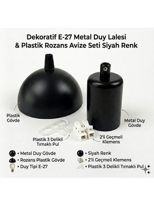 Retro Vitrini Dekoratif E-27 Duy Lalesi & Plastik Rozans Avize Seti Siyah Renk