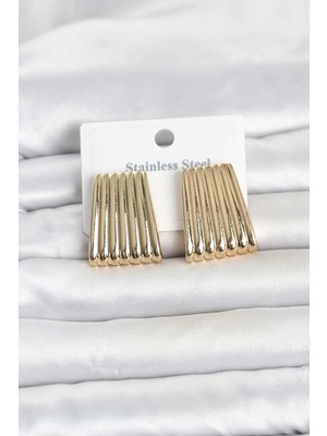 Pileli Store  316L Çelik Gold Renk Çizgili Plaka Model Kadın Küpe TG27BKP11803