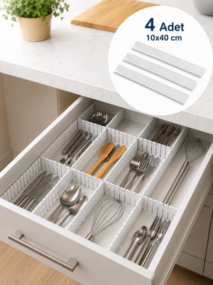 Beylini 4'lü Çekmece Içi Düzenleyici 10X40 cm Custom Organizer Isteğe Göre Kesilebilir Dolap Çekmece Içi Makyaj Çatal Kaşık Bıçak Düzenleyici Beyaz