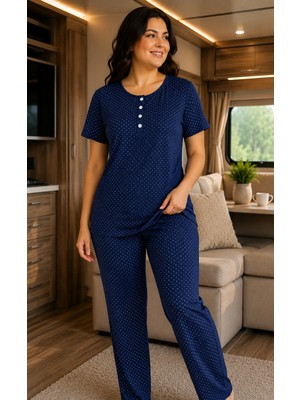 Balis Pijama Kadın Battal Büyük Boy Normal Beden Bambu Pijama Takımı Çiçekli ve Benek Desenli Düğmeli Kısa Kollu Yuvarlak Yaka Rahat Kalıp Iç Göstermez Terletmez Ev Giyimi Homewear
