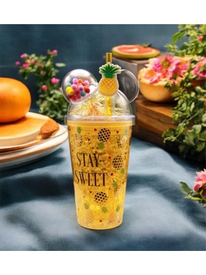 Ananas Pipetli Buzlu Cam Görünümlü 400 ml Çift Katman Mika - Sarı Ananas