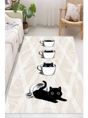Mortapi Kedi Temalı ve Kahve Fincanı Dijital Baskılı Yıkanabilir Kaymaz Taban Halı Salon Oturma Odası Halısı