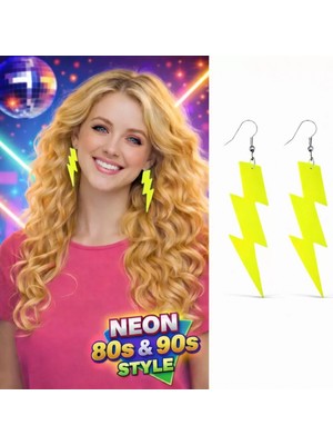 MiraLive 80’ler 90'lar Retro Neon Sarı Şimşek Küpe 10 cm