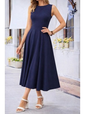 Defy Moda Kadın Omuzlardan Açık Kayık Yakalı Kiloş Midi Viskon Elbise