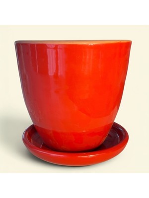 AdenArt Toprak Seramik Saksı Dekoratif Kırmızı Çift Sırlı Altlıklı 22*22 cm