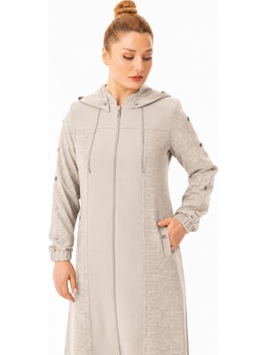 Zerenay Moda 5651 Cep Kısmı Desenli Kolu Düğme Detaylı Kapişonlu Zeren Baskı Garnili  Krep Ferace#26#