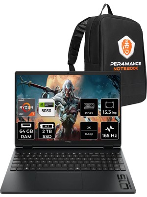 Hp Hyperx Omen 15 Ryzen 7 260 RTX5060 8gb 64GB Ram 2tb SSD 15.3" Fhd+ 165Hz Freedos D2QV9EAPN334 Gaming Laptop + Per4 Çanta