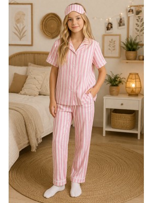 Enie Kız Çocuk Pamuklu Çizgili Yazlık Pijama Takımı + Göz Bandı