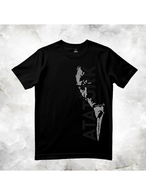 Creaeymer At-Tatürk Kristal Taşlı Dikey Bisiklet Yaka Siyah Tişört - Unisex