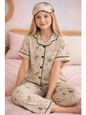 Enie Kız Çocuk Pamuklu Tavşan Desenli Yazlık Göz Bantlı Pijama Takımı