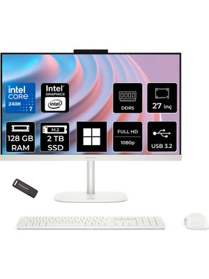 Hp Omnistudio 27 Core 7 240H 128GB Ram 2tb SSD 27" Fhd 100Hz WIN11 Home D62C0EAPN399 Beyaz All In One Bilgisayar + Per4 USB