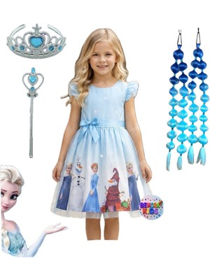 Elsa Anna Frozen Elbise Mavi Elbise Elsa Anna Baskılı Elbise + Mavi Elsa Anna Babble Saç + Taç Asa Doğum Günü Parti Düğün Davet Bayram Elbise Kostüm