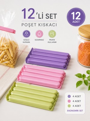 Beylini 12'li Pratik Poşet Kıskacı Mühür Klipsi Sızdırmaz Ambalaj ve Torba Kapatma Aparatı Pratik Poşet Ağzı Kapatıcı Sıvı Geçirmez Paket Kilidi Mandal