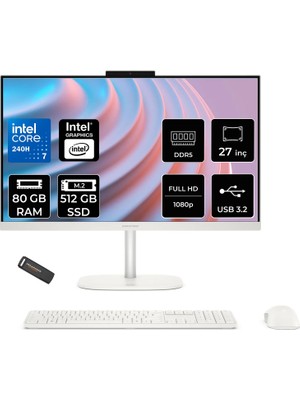 Hp Omnistudio 27 Core 7 240H 80GB Ram 512GB SSD 27" Fhd 100Hz Freedos D62C0EAPN337 Beyaz All In One Bilgisayar + Per4 USB