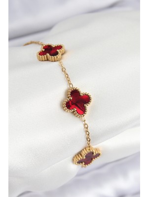 Uravas Store 316L Çelik Sedefli Kırmızı Gold Renk Yonca Kadın Bileklik 5886
