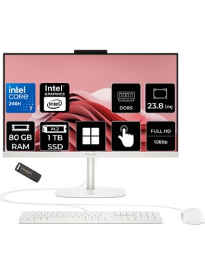 Hp Omnistudio 24 Core 7 240H 80GB Ram 1tb SSD 23.8" Fhd 75Hz Touch WIN11 Home D62KSEAPN388 Beyaz All In One Bilgisayar + Per4 USB