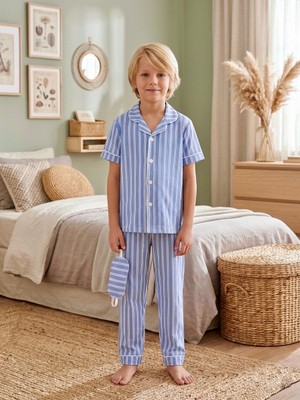 Enie Erkek Çocuk Pamuklu Çizgili Yazlık Göz Bantlı Pijama Takımı