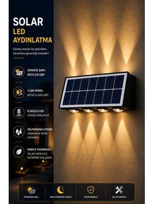 Robeve Solar LED Duvar Apliği 8 Ledli Bahçe Aydınlatması – Güneş Enerjili Dış Mekan Bahçe Lambası, Su Geçirmez Sensörlü Duvar Lambası, Beyaz & Gün Işığı Modlu Solar Aydınlatma
