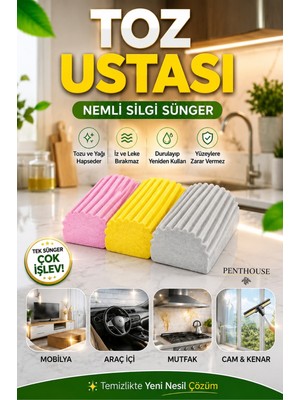 Penthouse 3 Adet Nemli Silgi Sünger - Toz Ustası - Çok Amaçlı Temizlik Toz Süngeri