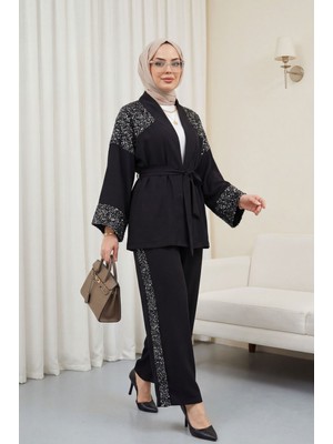 Moda Morfo Omzu Ve Kolu Pul Payet Kemerli Pantolonlu Keten Kimono Takım  -Siyah
