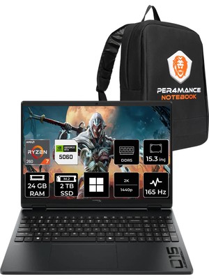 Hp Hyperx Omen 15 Ryzen 7 260 RTX5060 8gb 24GB Ram 2tb SSD 15.3" Fhd+ 165Hz WIN11 Home D2QV9EAPN364 Gaming Laptop + Per4 Çanta