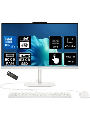 Hp Omnistudio 24 Core 5 120U 80GB Ram 512GB SSD 23.8" Fhd 75Hz Touch Freedos D62KVEAPN337 Beyaz All In One Bilgisayar + Per4 USB