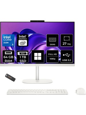 Hp Omnistudio 27 Core 5 210H 64GB Ram 1tb SSD 27" Fhd WIN11 Home D62C1EAPN383 Beyaz All In One Bilgisayar + Per4 USB