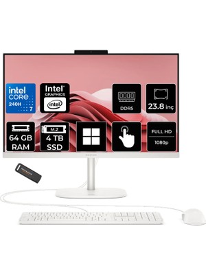 Hp Omnistudio 24 Core 7 240H 64GB Ram 4tb SSD 23.8" Fhd 75Hz Touch WIN11 Home D62KSEAPN385 Beyaz All In One Bilgisayar + Per4 USB