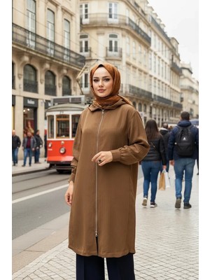 Misswhence Dikiş Detaylı Fermuarlı Kapüşonlu Kap 39406 Kahve