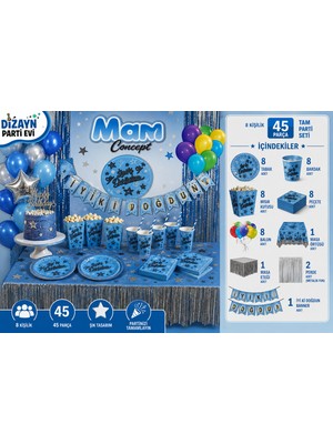 Dizayn Parti Evi 8 Kişilik Mavi Gümüş Happy Birthday Parti Seti 45 Parça Doğum Günü Konsept Seti