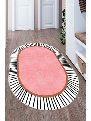 Mortapi Modern Çizgili Oval Dijital Baskılı Kaymaz Taban Yıkanabilir Halı Salon Oturma Odası Antre Hol Halıs