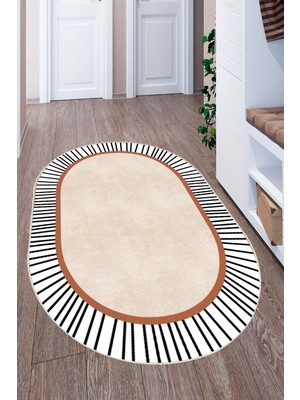 Mortapi Modern Çizgili Oval Dijital Baskılı Kaymaz Taban Yıkanabilir Halı Salon Oturma Odası Antre Hol Halıs
