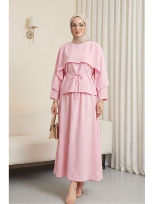 Moda Morfo Pelerin Detaylı Beli Bağlamalı Etekli Cupra Takım  -Pembe