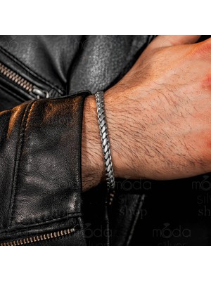 Modasilvers 925 Ayar Gümüş El Işi Oksitli Zincir Örgü Kelepçe Bileklik