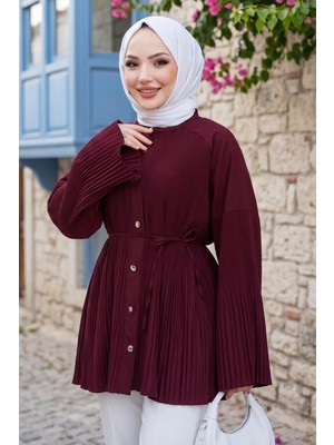 Hafsa Mina Gold Düğmeli Sık Piliseli Bağcıklı Tunik Bordo HM2918