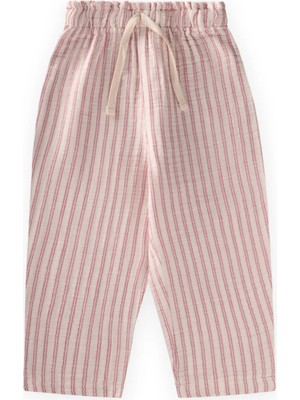 Cigit Organic Beli Fırfırlı Geniş Kesim Müslin Pantolon 1-10 Yaş Fuşya Çift Çizgili