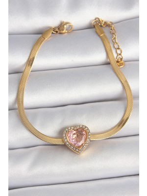 Uravas Store 316L Çelik Gold Renk Italyan Zincir Pembe Zirkon Taşlı Kalp Model Kadın Bileklik 5886