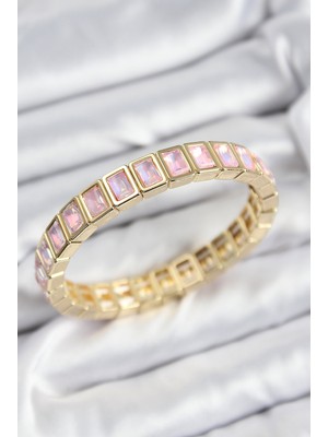 Uravas Store Pirinç Pembe Zirkon Taşlı Dikdörtgen Model Gold Renk Lastikli Kadın Bileklik 5886