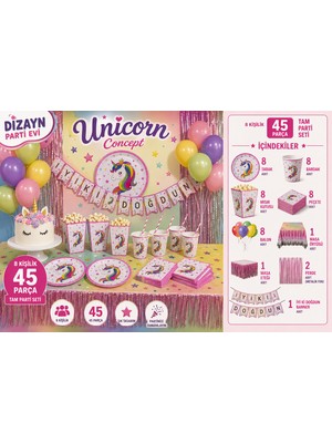 Dizayn Parti Evi 8 Kişilik Unicorn Parti Seti 45 Parça Doğum Günü Süsleri Unicorn Konsept Set