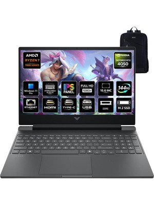 Hp Victus 15-FB3038NT BX9U9EA 6gb RTX4050 Amd Ryzen 7 7445H 24GB Ram 512GB SSD 15.6 Inç Fhd 144Hz Windows 11 Pro Taşınabilir Bilgisayar + Boz Çanta