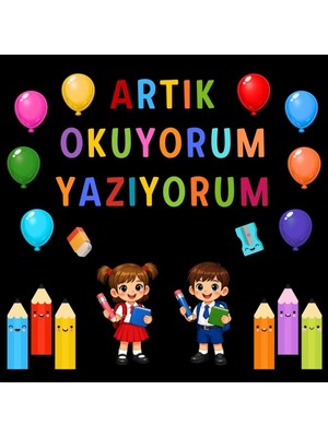 Ti Play Okuma Bayramı (Artık Okuyorum Yazıyorum) Temalı Renkli Okul Panosu Figür Seti | Hazır Kesim Sınıf Süsü