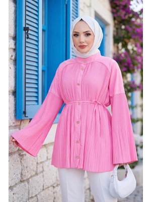 Hafsa Mina Gold Düğmeli Sık Piliseli Bağcıklı Tunik Pembe HM2918