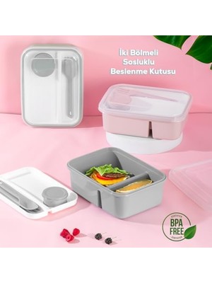 Trendy Pazars 1183 Kendinden Kaşık Çatallı Sosluk Bölmeli Beslenme Kabı - Taşınabilir Lunch Box Gri