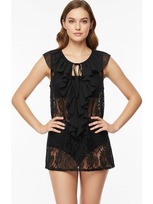 Sisley Viskoz Karışımlı Fırfırlı Dantelli Regular Fit Kolsuz Üst Kadın Siyah Bluz - 325A5G28LQ09Q