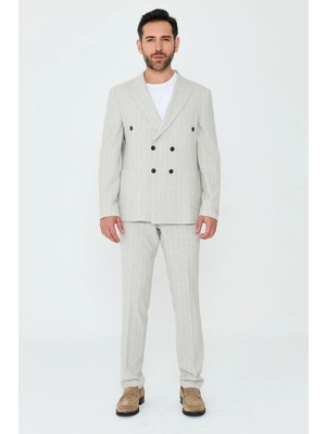 White Stone Açık Gri Kruvaze Ince Çizgili 6 Drop Regular Fit Takım Elbise